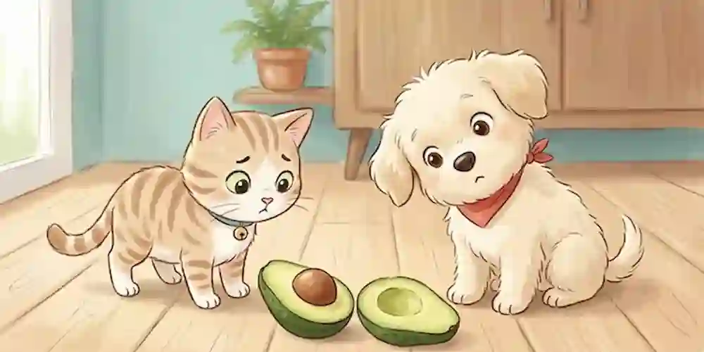 Cachorro e gato colhando para um abacate