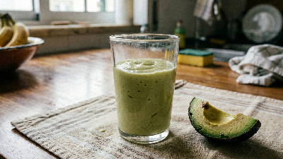 Copo de vidro com vitamina de abacate bem cremosa